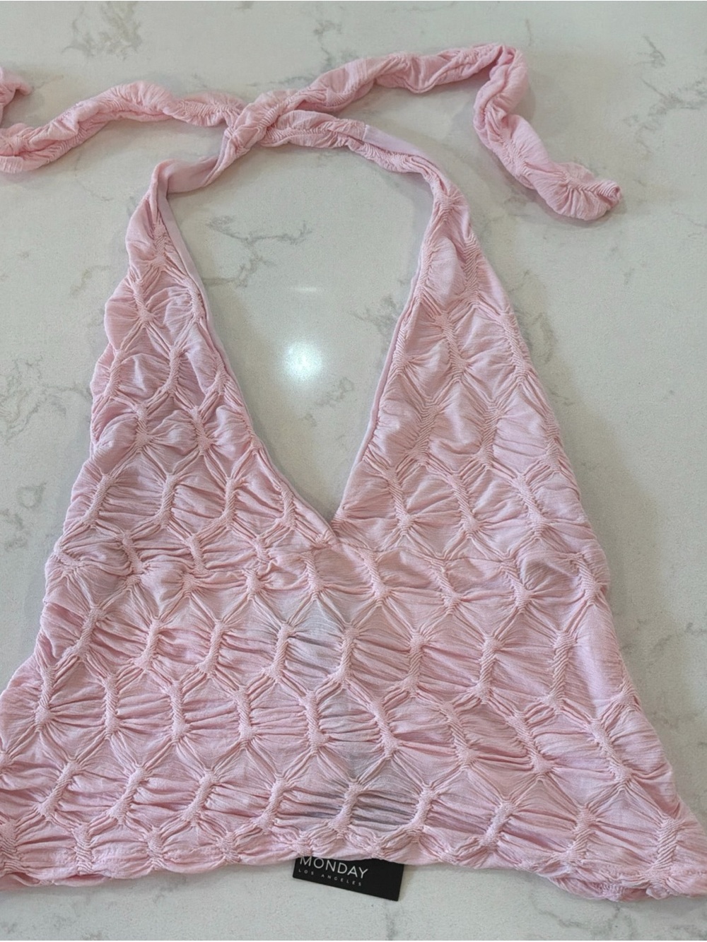 See You Monday XL Pink Scrunched Tank Top Halter Stretch Sheer Tie NWT